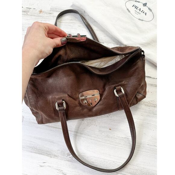 Prada Chocolate Brown Leather Cervo Antik Easy Foldover Pushlock Shoulder Purse - Picture 10 of 14